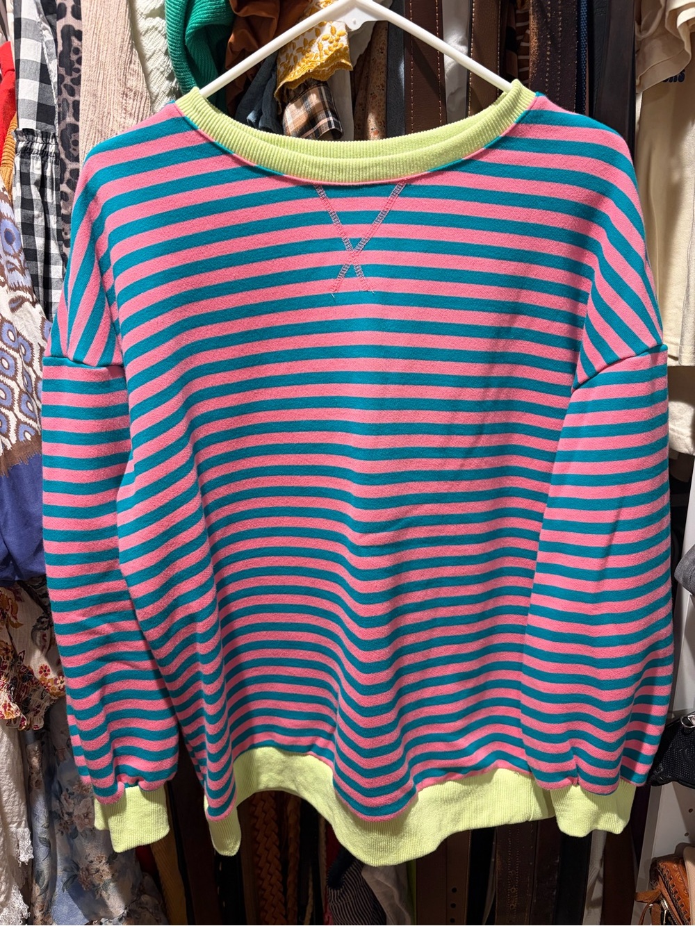 Striped Crewneck Sweater in Pink and Teal with Lime Trim